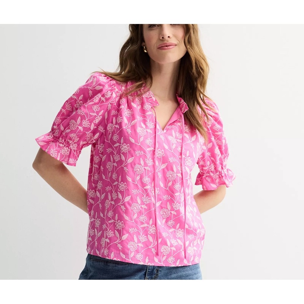 Draper James XL Pink Floral Embroidered Tie Neck Ruffle Puff Sleeve Blouse